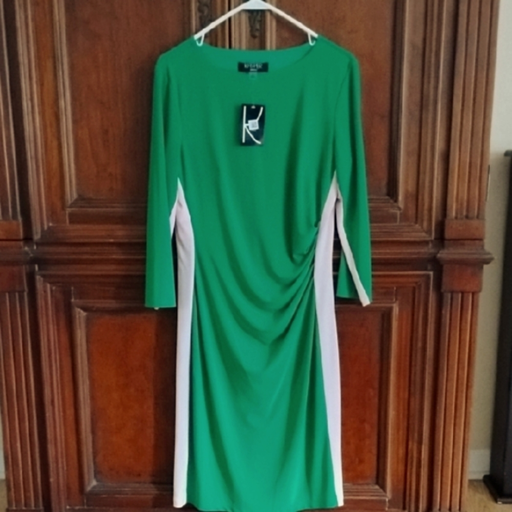 Kasper Green & Pink Ruched Sheath Dress Long Sleeve